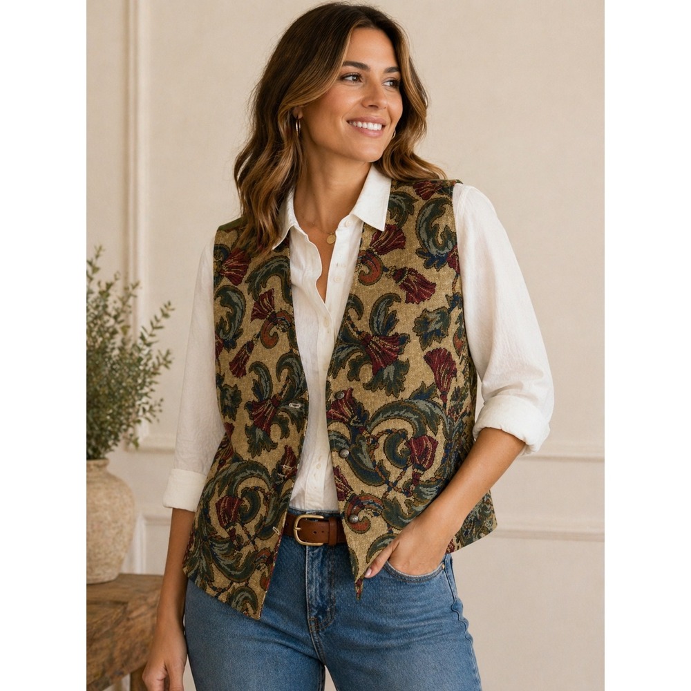 Napa‎ Valley Vintage Tapestry Vest Green Burgundy Floral Scroll Ornate Buttons